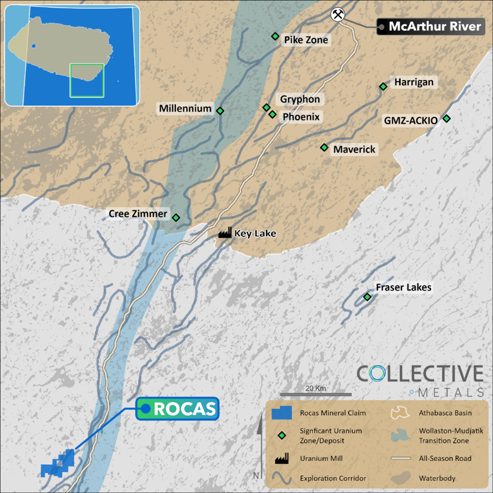 Regional map of Collective Metals’ Rocas Project. The Project is located 75 kilometers southwest of the Key Lake Mine and Mill facilities along Highway 914.