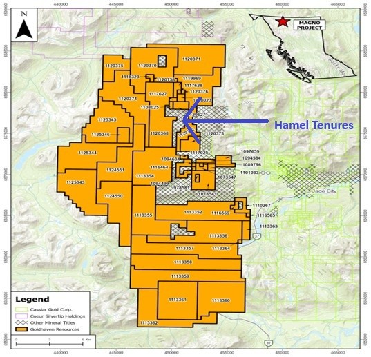 Location of Hamel tenures located within GoldHaven’s Magno project in Northern BC