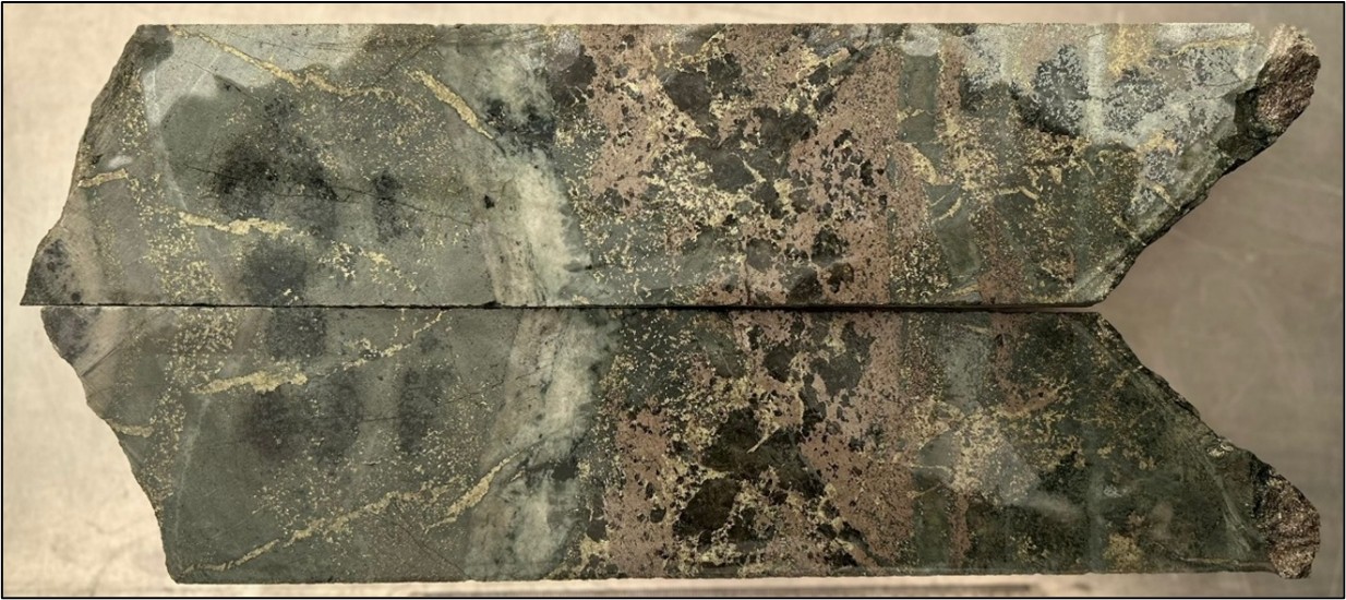 Hole BR25-001 at 149m: close-up of massive pyrrhotite > chalcopyrite within skarn horizon grading 2.7% Cu, 0.55% Au, and 24.1 g/t Ag.