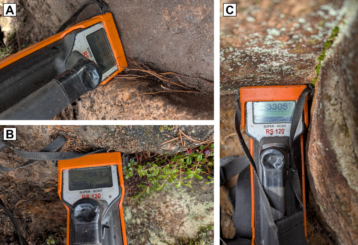 Investigation at SMDI showing 5781 (13V 416713 E, 6274629 N) returned strong radioactivity across an area of 35 m. Scintillometer readings ranging from: A) 26,900 cps, B) 25,400 cps, and C) 33,000 cps.