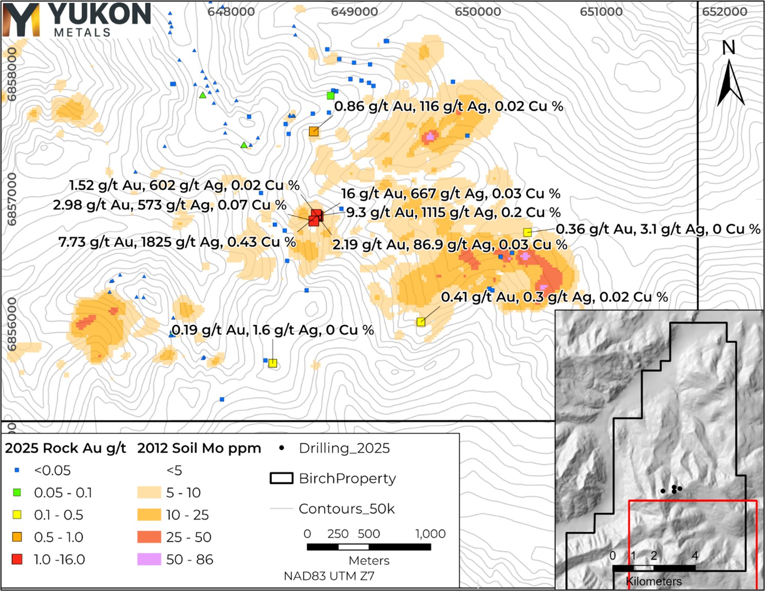 Location of 2025 Rock Samples collected near the soil molybdenum anomaly on the southeast portion of the Birch property. 2024 Rock Samples are shown with triangle symbols.