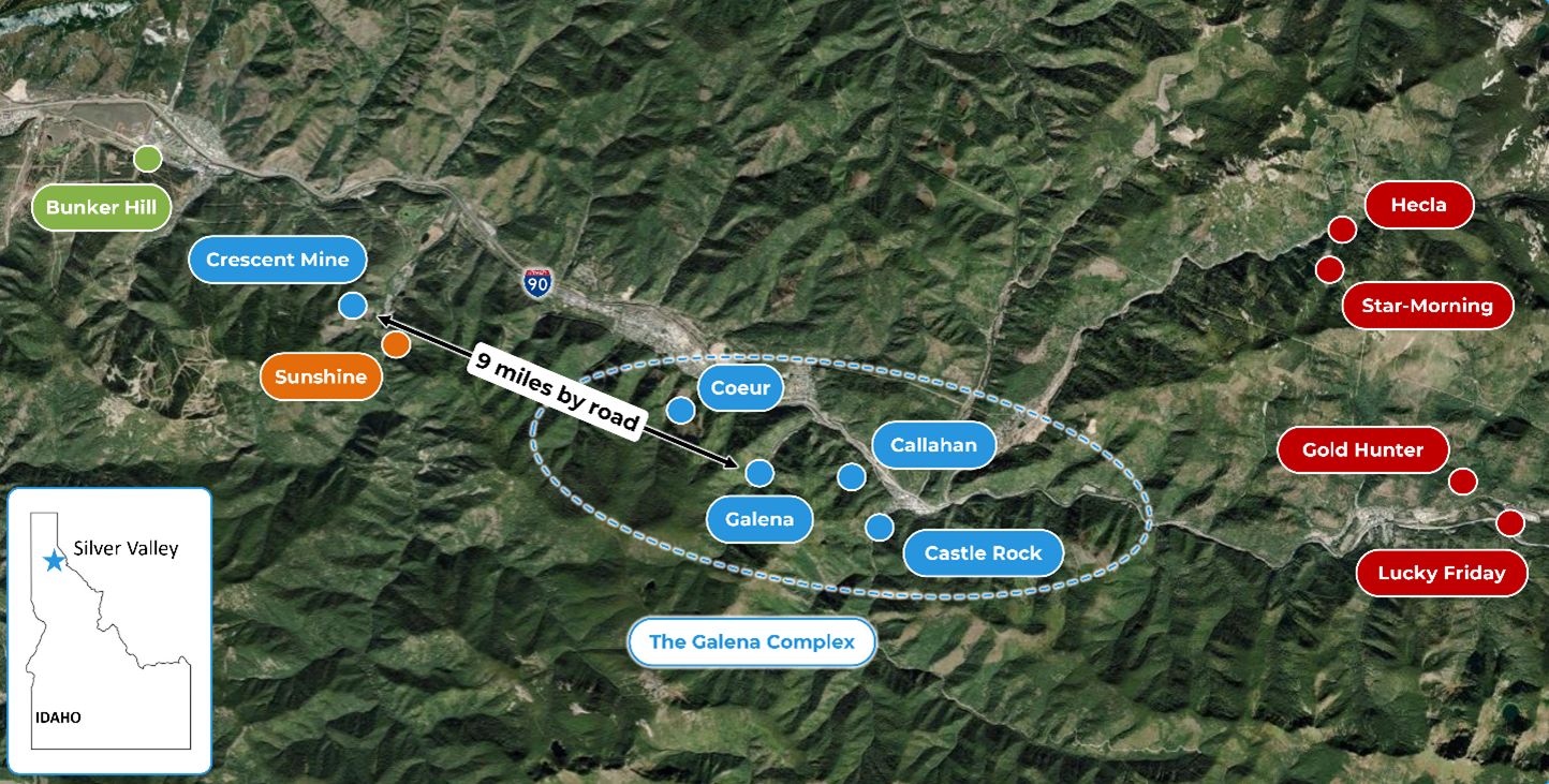 Location of the Crescent Mine in relation to the Galena Complex and other selected projects in Idaho’s Silver Valley