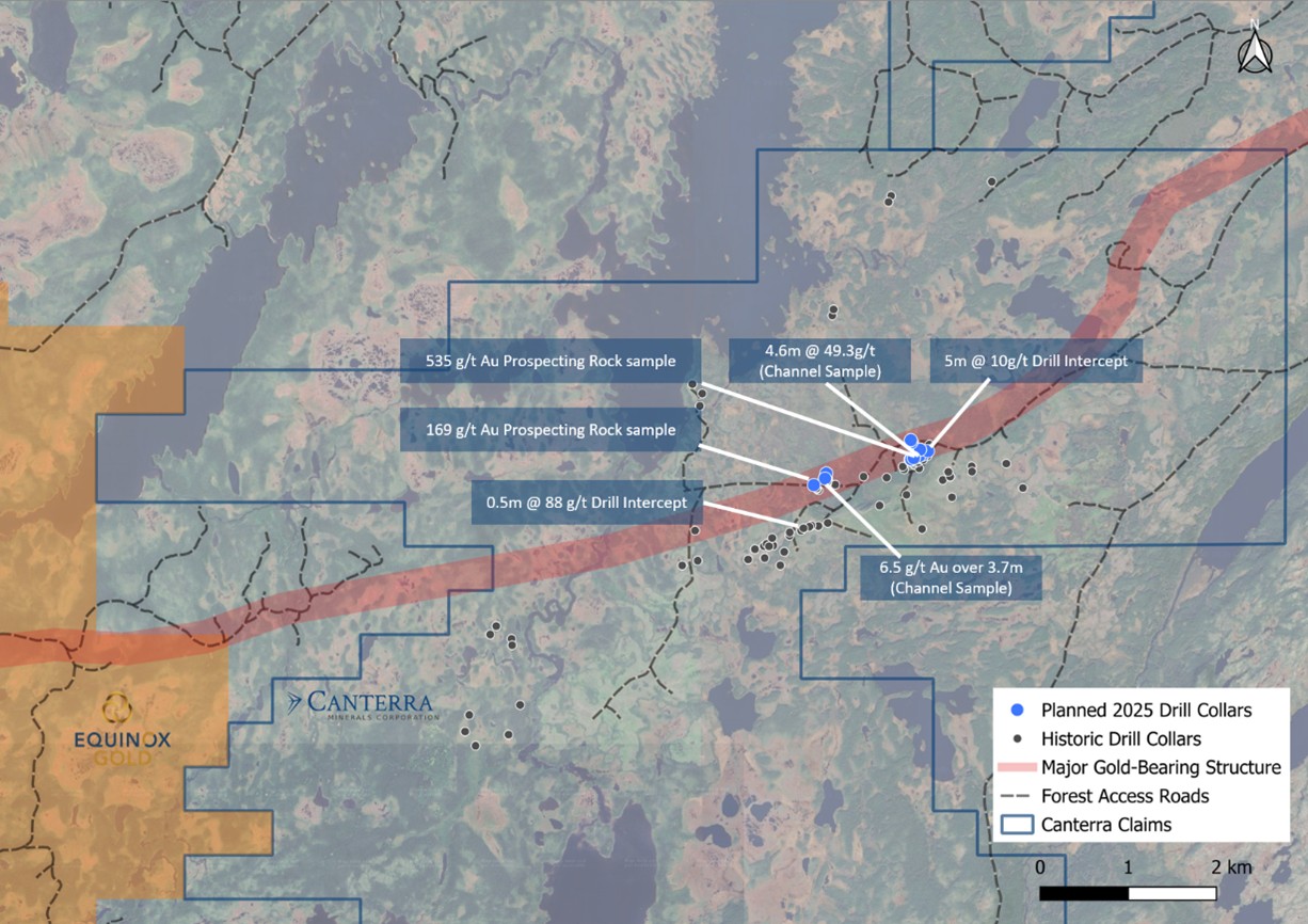 Figure 1. Canterra and previous operators drilling with prospecting highlights and 2025 proposed drill holes targeting extensional vein sets.