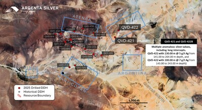 Figure 01: Map showing the location of historical collars and newly drilled holes from the 2025 Winter Drill Program, including QVD-421 and QVD-422.* (CNW Group/Argenta Silver Corp.) Figure 01: Map showing the location of historical collars and newly drilled holes from the 2025 Winter Drill Program, including QVD-421 and QVD-422.* (CNW Group/Argenta Silver Corp.)