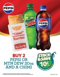 Yesway and Allsup's Rewards members can Stack & Save this holiday season! Buy 2 Pepsi or Mountain Dew 20oz + an Allsup’s Chimi and save 10¢ per gallon.