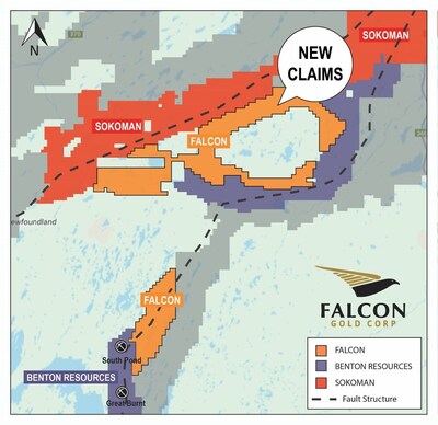 Falcon's New Land Claims at Stoney Lake located in Central Newfoundland (CNW Group/Falcon Gold Corp.) Falcon's New Land Claims at Stoney Lake located in Central Newfoundland (CNW Group/Falcon Gold Corp.)
