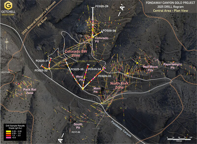 Figure 2:  Fondaway Canyon Central Area drill location plan map with gold grades (CNW Group/Getchell Gold Corp.)
