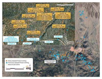Figure 1. Plan view of Silver Park East target showing mineralization over a 450m by 300m area in relationship to district scale. (CNW Group/Nevada King Gold Corp.)