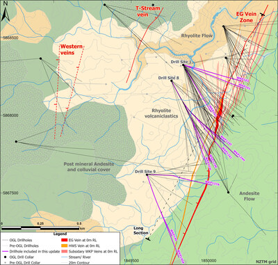 Figure 1: Wharekirauponga plan view of geology and drill traces highlighting the EG vein zone, T-Stream vein, and Western veins, and drill platform locations (CNW Group/OceanaGold Corporation) Figure 1: Wharekirauponga plan view of geology and drill traces highlighting the EG vein zone, T-Stream vein, and Western veins, and drill platform locations (CNW Group/OceanaGold Corporation)