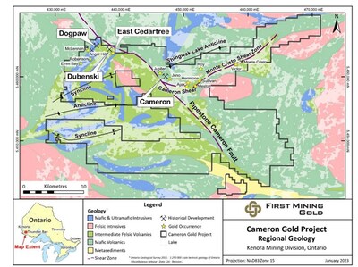 Figure 1. Geological setting of the Cameron Project with prospective gold showings. (CNW Group/Oronova Energy Inc.)