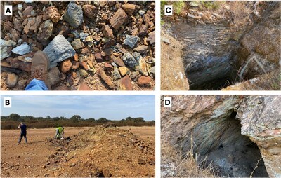Figure 4 – Photos (A) Carmen mine dump, banded semi-massive sulphide and gossan, (B) Carmen mine dump, (C) and (D) copper exposed in historical Trinidad mine workings (CNW Group/Pan Global Resources Inc.) Figure 4 – Photos (A) Carmen mine dump, banded semi-massive sulphide and gossan, (B) Carmen mine dump, (C) and (D) copper exposed in historical Trinidad mine workings (CNW Group/Pan Global Resources Inc.)