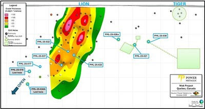 Figure 1: Lion Area long-section with drill hole locations reported in this news release. (CNW Group/Power Metallic Mines Inc.)