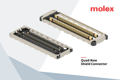 Molex Quad-Row Shield Connector delivers compact, shielded board-to-board connectivity for enhanced signal integrity in space-constrained devices.