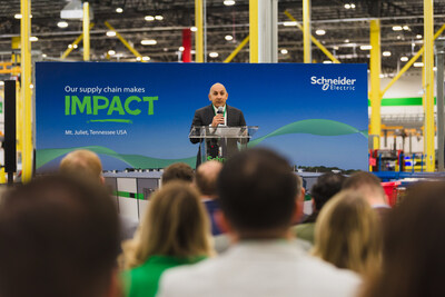 Schneider Electric President of North America Operations Aamir Paul announces the grand opening of the company's first manufacturing facility in Mt. Juliet, Tennessee.