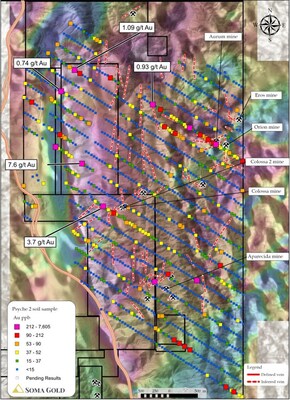 Figure 3: Soil sample grid for Au (ppb) and informal mine locations (CNW Group/Soma Gold Corp.)