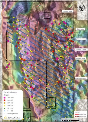 Figure 4: Soil sample grid for Zn (ppb) and informal mine locations (CNW Group/Soma Gold Corp.)
