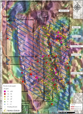 Figure 7: Soil sample grid for As (ppm) and informal mine locations (CNW Group/Soma Gold Corp.)