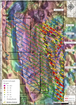 Figure 8: Soil sample grid for Mo (ppm) and informal mine locations (CNW Group/Soma Gold Corp.)