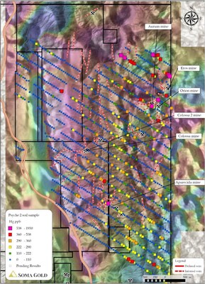 Figure 9: Soil sample grid for Hg (ppb) and informal mine locations (CNW Group/Soma Gold Corp.)
