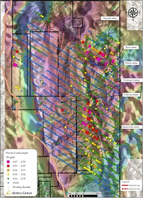Figure 10: Soil sample grid for Sb (ppm) and informal mine locations (CNW Group/Soma Gold Corp.)