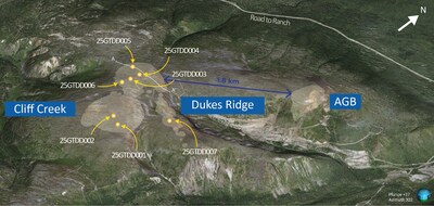 Figure 1: Oblique view of Lawyers Resource Area. Solid white line is the section trace for Figure 2. (CNW Group/Thesis Gold Inc.) Figure 1: Oblique view of Lawyers Resource Area. Solid white line is the section trace for Figure 2. (CNW Group/Thesis Gold Inc.)