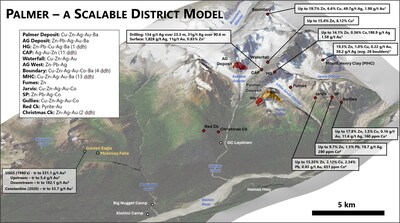 Figure 3. Southwest looking view of the Palmer Project showing the distribution of under-explored high-grade exploration targets. See references below for sources of data. (CNW Group/Vizsla Copper Corp.)