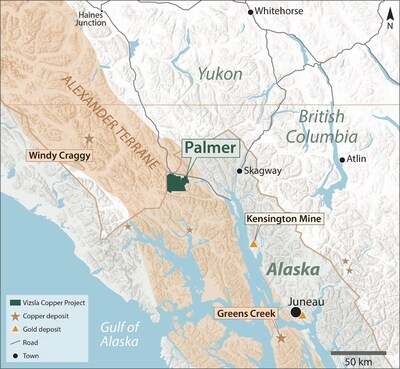 Figure 1. Map showing the location of the Palmer Project in relation to local infrastructure and nearby mines. (CNW Group/Vizsla Copper Corp.)