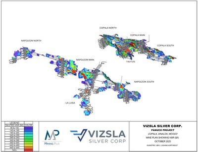 Figure 1: Proposed stope shapes by NSR ($US/t) for the Panuco Project (CNW Group/Vizsla Silver Corp.) Figure 1: Proposed stope shapes by NSR ($US/t) for the Panuco Project (CNW Group/Vizsla Silver Corp.)