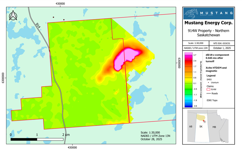 Airborne HTDEM survey over 914W project showing time channels 0.045 ms with strong, high-amplitude EM responses along the east-central portion of the 914W block.