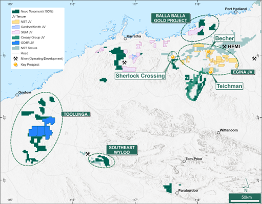 Novo Pilbara and Onslow District Tenure showing priority gold prospects and location of the Teichman area and Sherlock Crossing drilling.