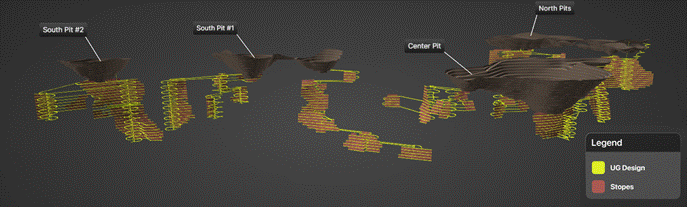 Figure 2: 3D Plan of the open pit and UG stopes