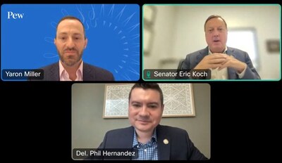 Webinar participants, (from top left) Yaron Miller from The Pew Charitable Trusts, Indiana state Senator Eric Koch (R), and Virginia Delegate Phil Hernandez (D) discuss policies to encourage ATT deployment in the lawmakers’ home states. Photo credit: The Pew Charitable Trusts. Webinar participants, (from top left) Yaron Miller from The Pew Charitable Trusts, Indiana state Senator Eric Koch (R), and Virginia Delegate Phil Hernandez (D) discuss policies to encourage ATT deployment in the lawmakers’ home states. Photo credit: The Pew Charitable Trusts.