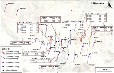 Figure 1. Oblique view of drilling at Sugarloaf Peak looking north, highlighting the drill results announced in this press release. (CNW Group/Arizona Metals Corp.) Figure 1. Oblique view of drilling at Sugarloaf Peak looking north, highlighting the drill results announced in this press release. (CNW Group/Arizona Metals Corp.)