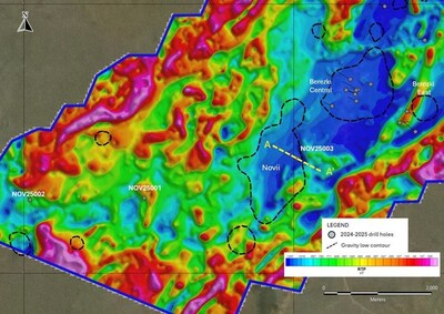 Figure 3. Elemes ground magnetic survey and gravity low contour with location of drill holes NOV25001, NOV25002, NOV25003 (CNW Group/Arras Minerals Corp.) Figure 3. Elemes ground magnetic survey and gravity low contour with location of drill holes NOV25001, NOV25002, NOV25003 (CNW Group/Arras Minerals Corp.)