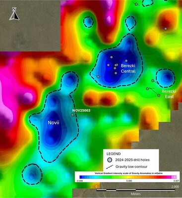 Figure 4. Elemes gravity survey showing identical gravity low signatures (black contour) of Novii target and
Berezski Central that is hosting significant Cu-Au mineralization. (CNW Group/Arras Minerals Corp.) Figure 4. Elemes gravity survey showing identical gravity low signatures (black contour) of Novii target and
Berezski Central that is hosting significant Cu-Au mineralization. (CNW Group/Arras Minerals Corp.)