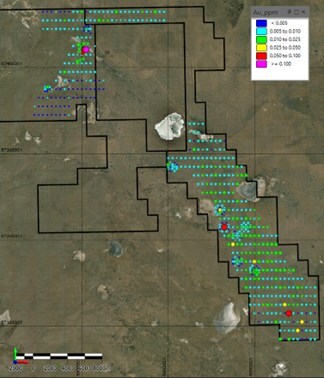 Figure 8: Top of Bedrock assay results – Stepnoe-Ekidos License. (Stepnoe-Ekidos KGK drill results - Gold) (CNW Group/Arras Minerals Corp.) Figure 8: Top of Bedrock assay results – Stepnoe-Ekidos License. (Stepnoe-Ekidos KGK drill results - Gold) (CNW Group/Arras Minerals Corp.)