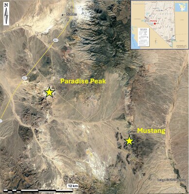 Figure 3 – Mustang's location and spatial relationship to the Paradise Peak gold-silver deposit - 17 km to the northwest. (CNW Group/Black Mammoth Metals Corp) Figure 3 – Mustang's location and spatial relationship to the Paradise Peak gold-silver deposit - 17 km to the northwest. (CNW Group/Black Mammoth Metals Corp)