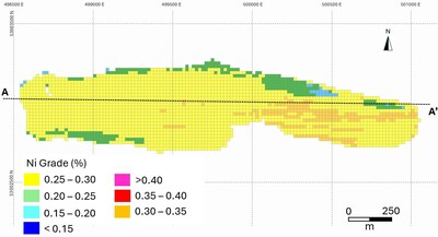 Figure 2. Plan View of the Categorized Midlothian Resources (TOP) along with %Ni Grade (BOTTOM). (CNW Group/Canada Nickel Company Inc.)