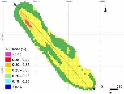 Figure 5. Plan View of the Categorized Bannockburn Resources (TOP) along with % Ni Grade (BOTTOM). (CNW Group/Canada Nickel Company Inc.)