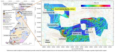 Figure 1. Location of the Central Lapland Greenstone Belt in northern Finland (LHS), together with the approximate locations of Capella’s five exploration licences (Killerö E, Killerö W, Jolhikko, Seisunselka, and Saattopora W) overlain on Capella’s high-resolution magnetic dataset (RHS). (CNW Group/Capella Minerals Limited)
