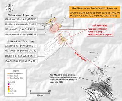 Figure 3: Plan View of the Plutus Target Outlining the New Outcropping Porphyry Discovery Made in Drill Hole PNC-8 (CNW Group/Collective Mining Ltd.) Figure 3: Plan View of the Plutus Target Outlining the New Outcropping Porphyry Discovery Made in Drill Hole PNC-8 (CNW Group/Collective Mining Ltd.)