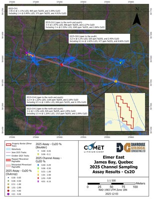 Figure 1 : Elmer East – Map of Channels and Mapped and Interpreted Mineralization (CNW Group/Comet Lithium Corporation) Figure 1 : Elmer East – Map of Channels and Mapped and Interpreted Mineralization (CNW Group/Comet Lithium Corporation)