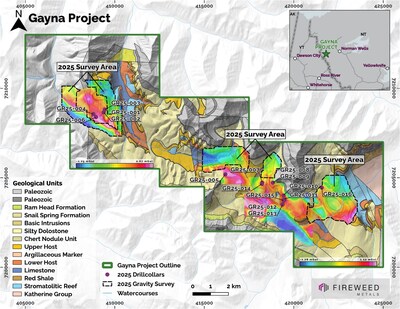 Figure 2: Bouguer first-order trend removed ground gravity results from 2022, 2023 and 2025 with 2025 drill holes. (CNW Group/Fireweed Metals Corp.) Figure 2: Bouguer first-order trend removed ground gravity results from 2022, 2023 and 2025 with 2025 drill holes. (CNW Group/Fireweed Metals Corp.)