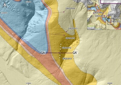 Figure 4: Intrepid target plan view with GA to GA’ cross section. 2025 drillholes and traces in purple, historical drillholes in white. (CNW Group/Fireweed Metals Corp.) Figure 4: Intrepid target plan view with GA to GA’ cross section. 2025 drillholes and traces in purple, historical drillholes in white. (CNW Group/Fireweed Metals Corp.)