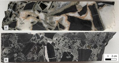Figure 6: (A) Grey and orange sphalerite (sph) mineralization rimming clasts in a carbonate breccia from 42.81-43.00 m in GR25-013. (B) Grey sphalerite partially replacing the matrix of a sedimentary breccia from 117.24-117.42 m in GR25-013. (CNW Group/Fireweed Metals Corp.) Figure 6: (A) Grey and orange sphalerite (sph) mineralization rimming clasts in a carbonate breccia from 42.81-43.00 m in GR25-013. (B) Grey sphalerite partially replacing the matrix of a sedimentary breccia from 117.24-117.42 m in GR25-013. (CNW Group/Fireweed Metals Corp.)