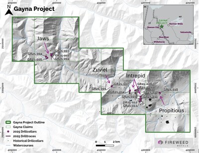 Figure 1: Gayna Claims and Location with 2025 Target Areas and drillholes. (CNW Group/Fireweed Metals Corp.) Figure 1: Gayna Claims and Location with 2025 Target Areas and drillholes. (CNW Group/Fireweed Metals Corp.)
