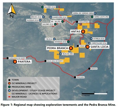 Figure 1: Regional map showing exploration tenements and the Pedra Branca Mine. Source: Pedra Branca Mineral Resource and Ore Reserve Statement and Explanatory Notes as at 30 June 2022, published by OZ Minerals. (CNW Group/Gold Royalty Corp.) Figure 1: Regional map showing exploration tenements and the Pedra Branca Mine. Source: Pedra Branca Mineral Resource and Ore Reserve Statement and Explanatory Notes as at 30 June 2022, published by OZ Minerals. (CNW Group/Gold Royalty Corp.)