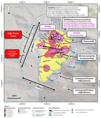 Figure 3. Plan view map of the La Verde porphyry system showing planned drilling compared with updated +0.2% copper (yellow), +0.3% copper (red), +0.4% copper (magenta) mineralisation interpolants. Conceptual open shells1displayed for $US3.50/lb Cu (blue) and $US6.00/lb Cu (green) displayed as dashed lines. (CNW Group/Hot Chili Limited) Figure 3. Plan view map of the La Verde porphyry system showing planned drilling compared with updated +0.2% copper (yellow), +0.3% copper (red), +0.4% copper (magenta) mineralisation interpolants. Conceptual open shells1displayed for $US3.50/lb Cu (blue) and $US6.00/lb Cu (green) displayed as dashed lines. (CNW Group/Hot Chili Limited)