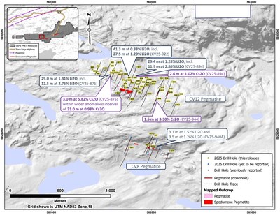 Figure 4: Drill holes completed through 2025 at the CV12 Pegmatite and CV8 Pegmatite. (CNW Group/PMET Resources Inc.) Figure 4: Drill holes completed through 2025 at the CV12 Pegmatite and CV8 Pegmatite. (CNW Group/PMET Resources Inc.)