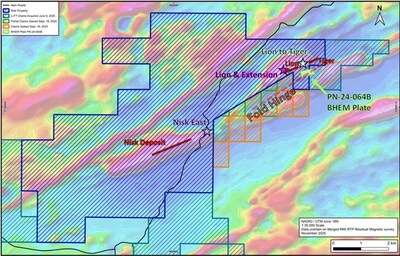Figure 2 – Map of Nisk project property with zones of mineralization in relation to new property additions, and location of the large PN-24-064b BHEM anomaly (see Lion- Tiger Deep discussion below) (CNW Group/Power Metallic Mines Inc.) Figure 2 – Map of Nisk project property with zones of mineralization in relation to new property additions, and location of the large PN-24-064b BHEM anomaly (see Lion- Tiger Deep discussion below) (CNW Group/Power Metallic Mines Inc.)